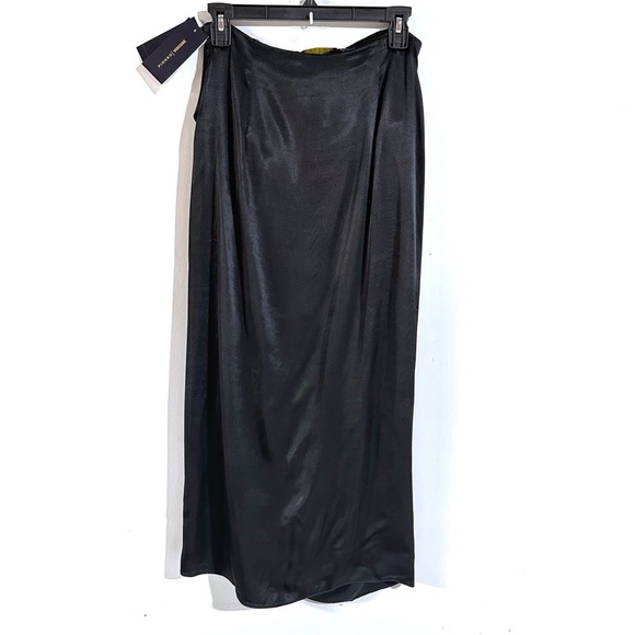 Piombo Silky Satin Faux Wrap Midi Skirt Ruching Front Slit In Black Sz 8 NWT - Picture 3 of 8